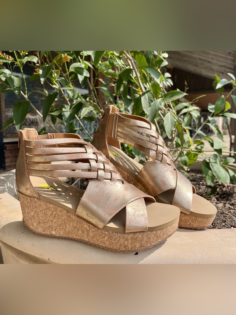 Volatile Metallic Gold Cork Wedge Sandals